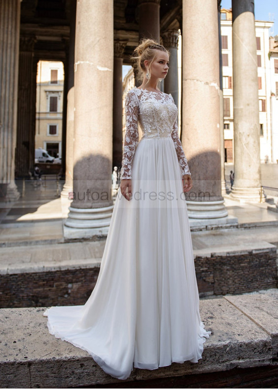 Long Sleeves White Lace Chiffon Wedding Dress